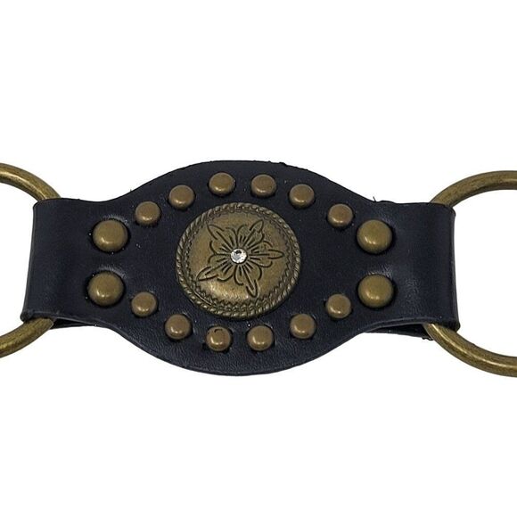 Unisex Vintage-Inspired Black Vegan Leather Belt Brass Concho Studs Chain Hip XL - Picture 2 of 9